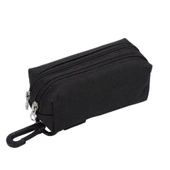 A waterproof dual-pocket Oxford fabric poop bag dispenser with Velcro straps and a key storage pocket for dog walking.