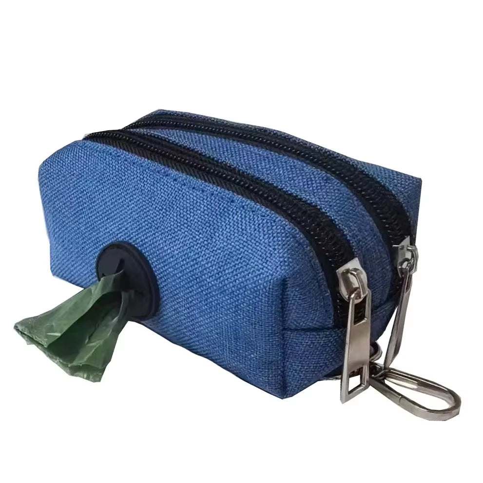 A waterproof dual-pocket Oxford fabric poop bag dispenser with Velcro straps and a key storage pocket for dog walking.