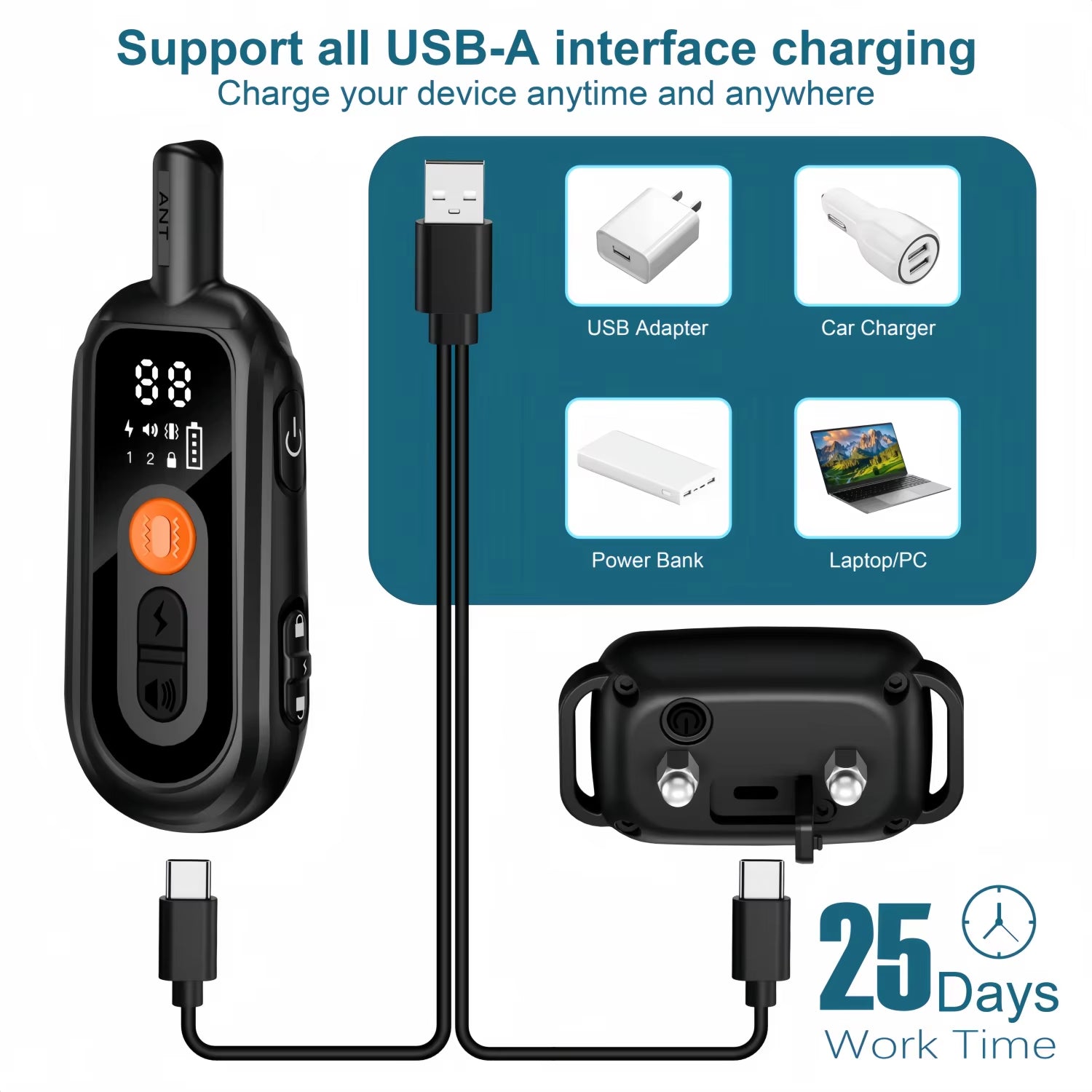 Dual USB Charging Cable for Rechargeable Dog Training Remote and Receiver