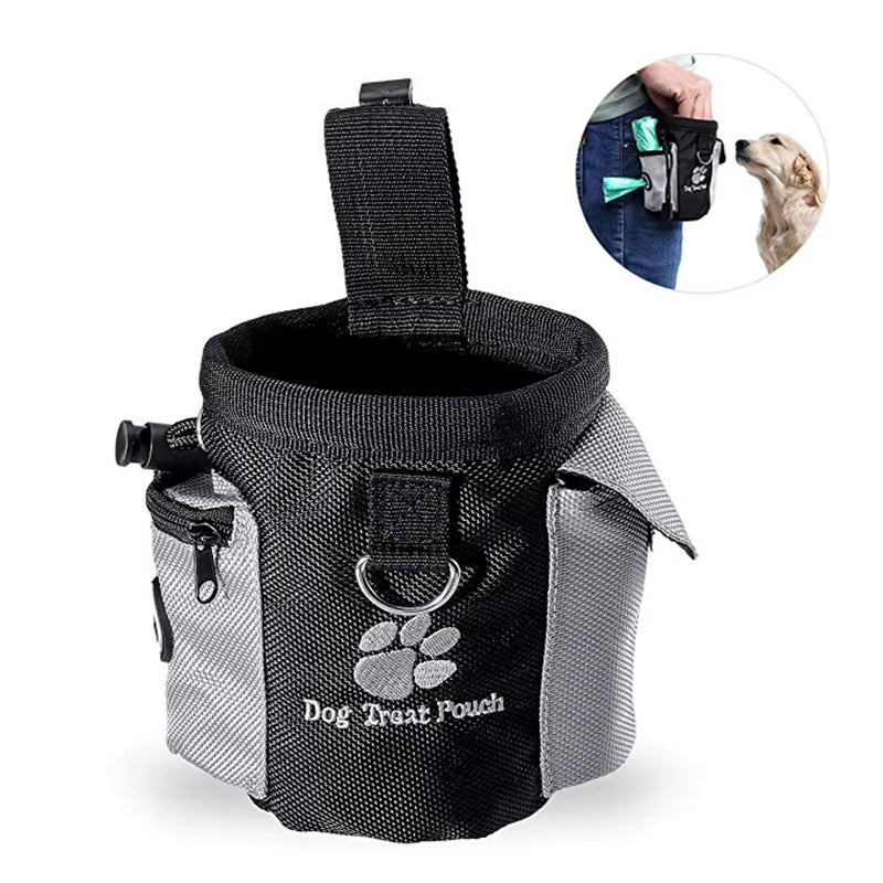 A grey multi-functional dog training treat pouch with an adjustable waist belt, waste bag dispenser, and accessory D-ring.