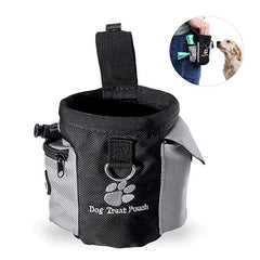 A grey multi-functional dog training treat pouch with an adjustable waist belt, waste bag dispenser, and accessory D-ring.