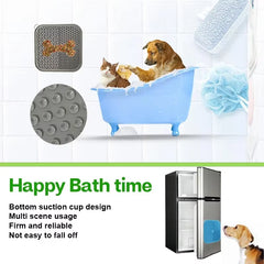 Using the Pawzation lick mat on a bathtub wall to distract a pet during washing
