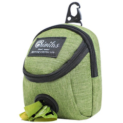 A slate grey portable dog training treat pouch with a waist strap and an integrated waste bag dispenser for outdoor pet rewards.