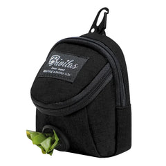 A slate grey portable dog training treat pouch with a waist strap and an integrated waste bag dispenser for outdoor pet rewards.