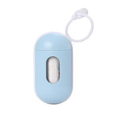 A titanium grey portable pet waste bag dispenser with a hanging clip and 15 included bags for dog and cat walks.