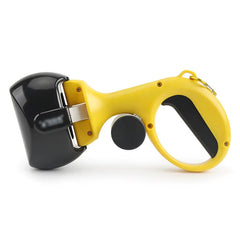 A 27cm portable plastic pooper scooper in yellow and blue for sanitary dog and cat waste removal.