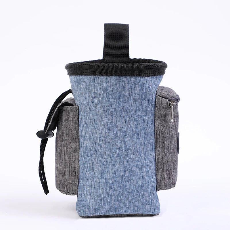 A professional blue pet training waist bag featuring multiple pockets for snacks, keys, and waste bags for outdoor puppy training.