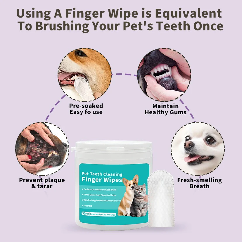 A canister of 50-count cat and dog teeth cleaning finger wipes for daily dental care and tartar prevention.