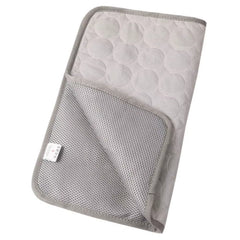 A slate grey portable pet cooling mat layout displaying its non-toxic ice gel construction ideal for small, medium, and large breeds.
