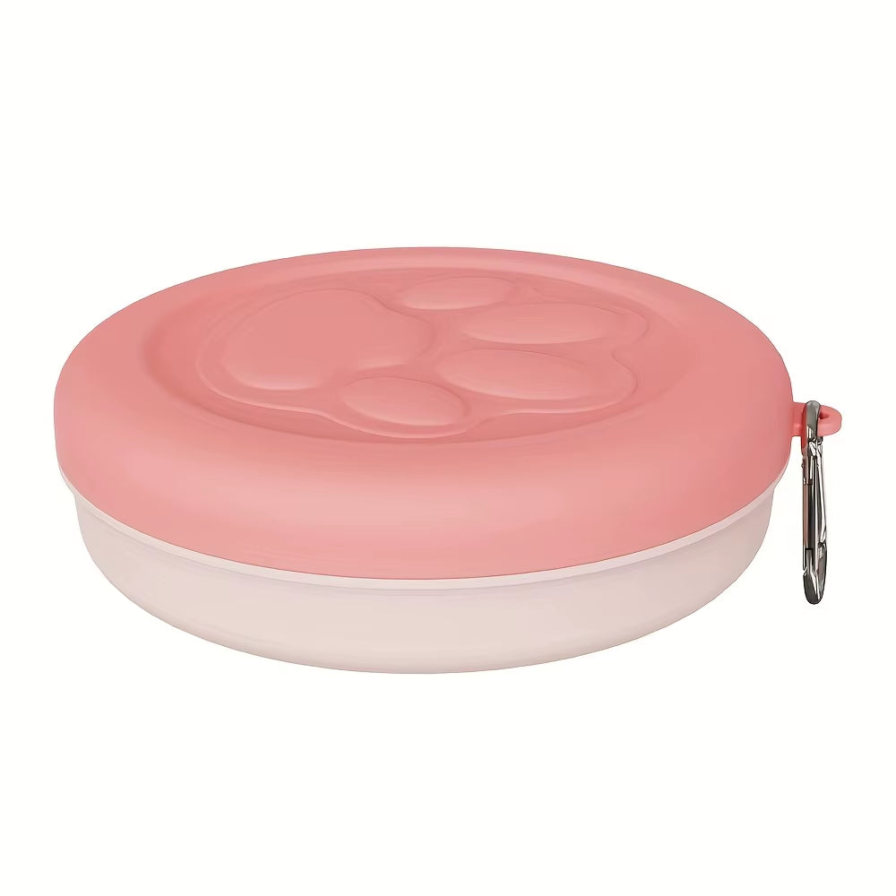 Sakura Pink 2-in-1 pet storage and feeding container showing the carabiner attachment.