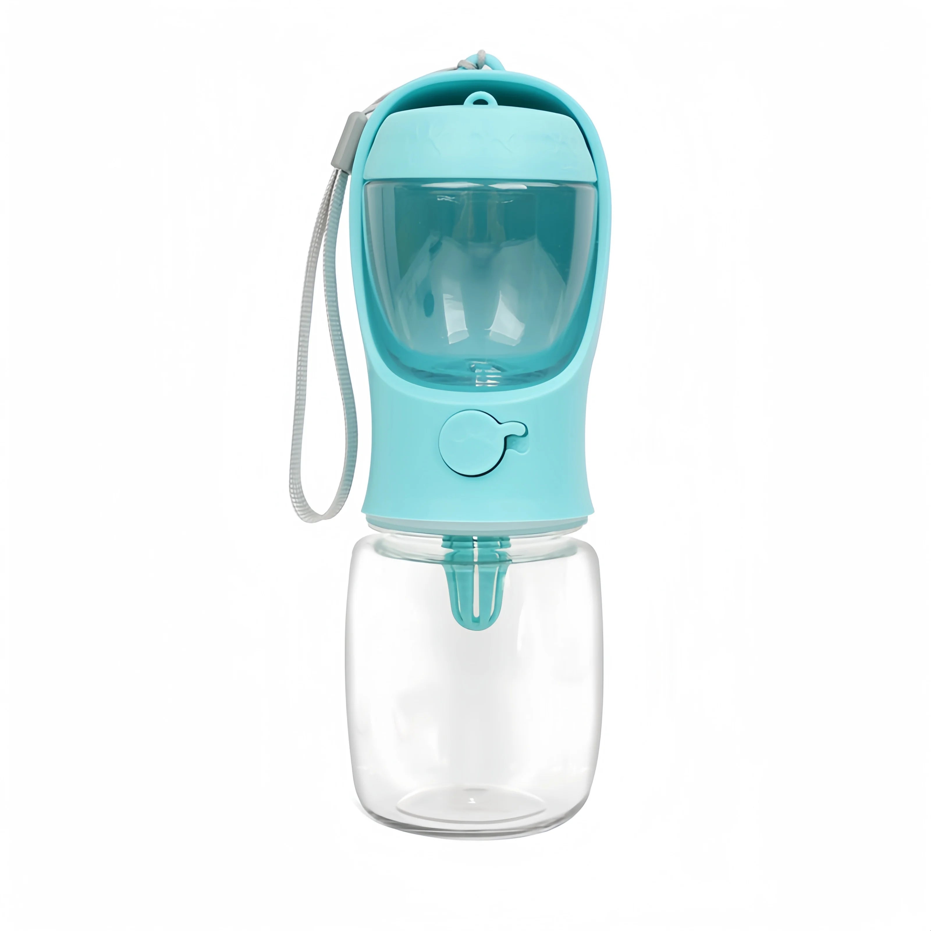 Blue portable pet water bottle with built‑in drinking bowl and transparent water container for outdoor travel.