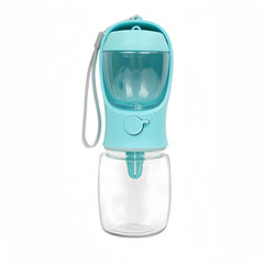 Blue portable pet water bottle with built‑in drinking bowl and transparent water container for outdoor travel.