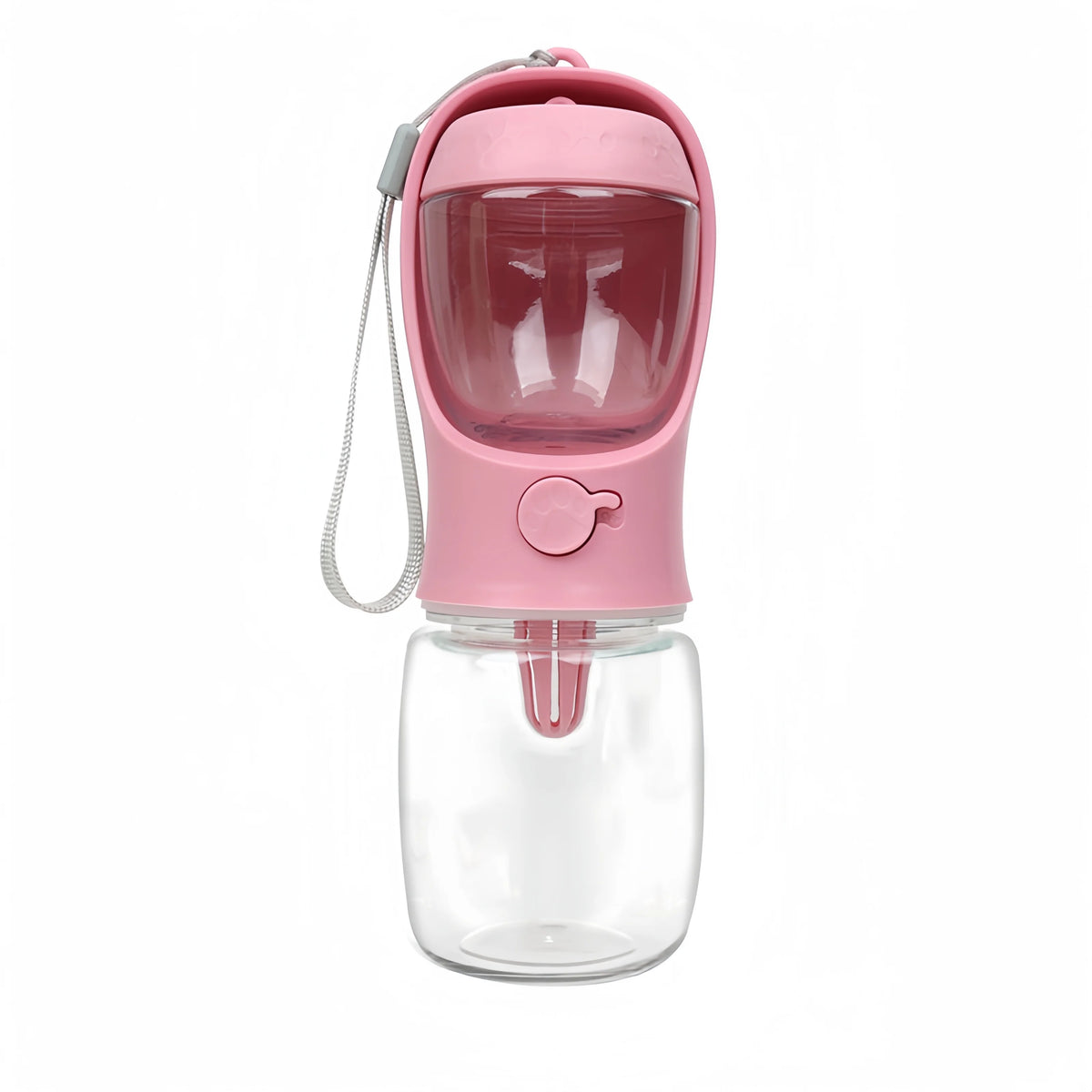 Pink portable pet water bottle featuring a built‑in bowl, transparent water container, and wrist strap for easy carrying.