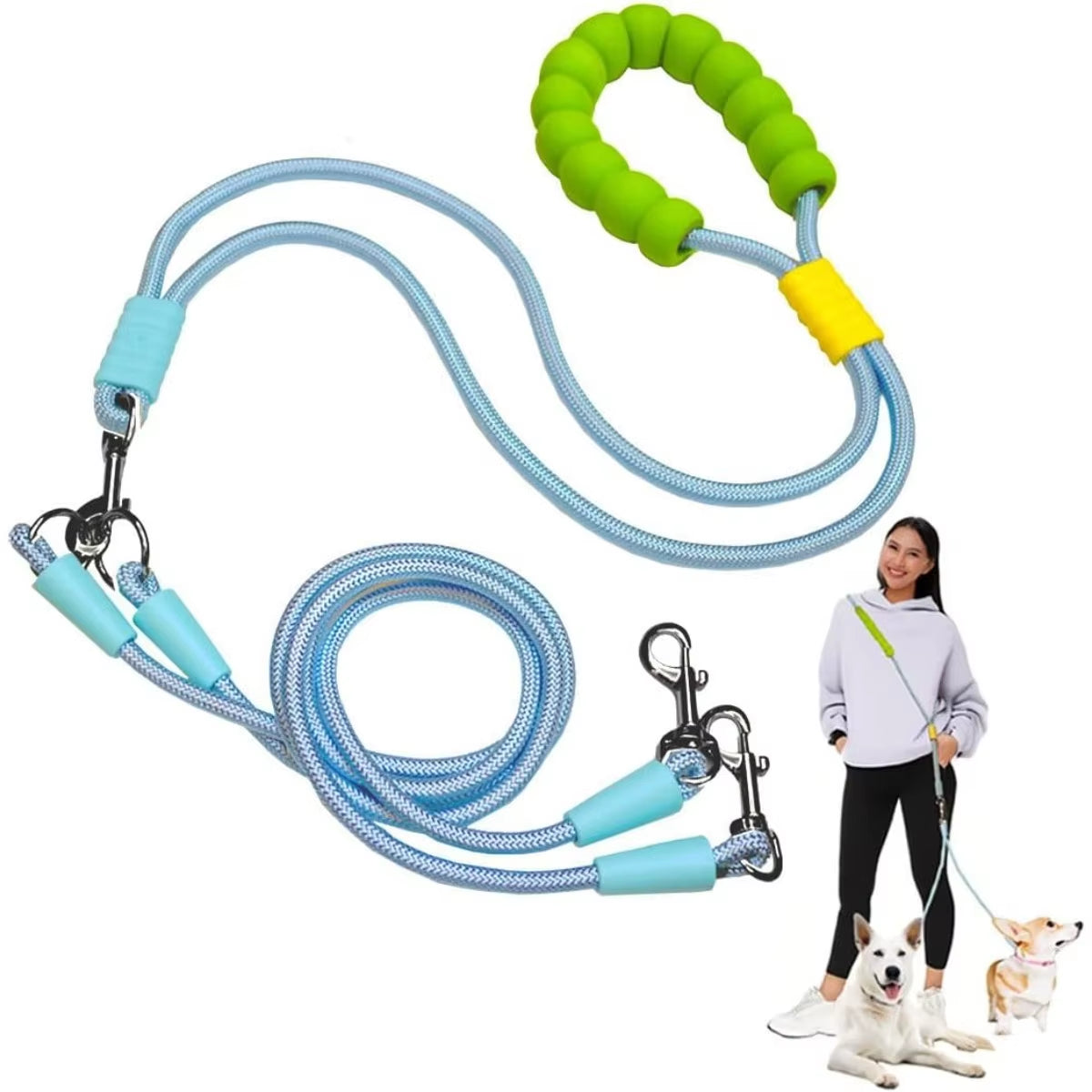 Blue hands-free double dog leash with 360° swivel clips and padded ergonomic handle – Pawzation