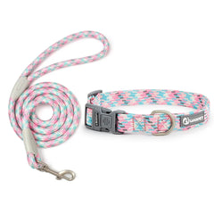 A stylish pastel multi-colored dog walking set showcasing a coiled blossom pink, light teal, and white braided nylon rope lead with a secure alloy swivel snap hook and matching adjustable collar.