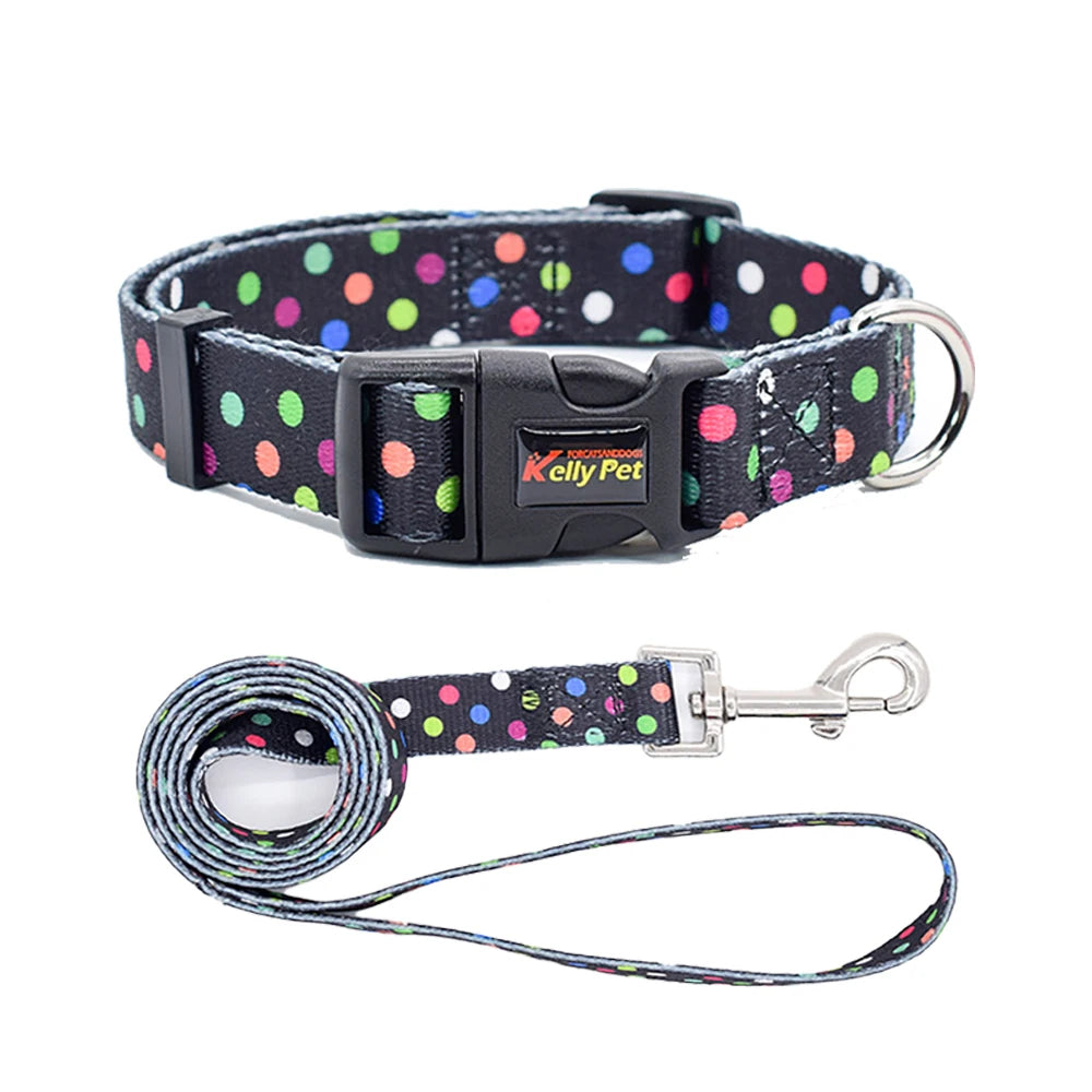 A sleek black adjustable collar and matching leash set covered in vibrant multi-colored neon confetti polka dots.