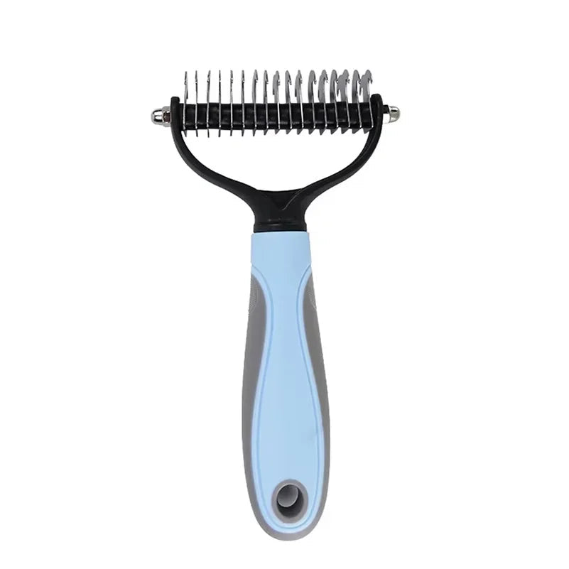 Ocean Sapphire blue double-sided stainless steel pet deshedding brush for dogs and cats.