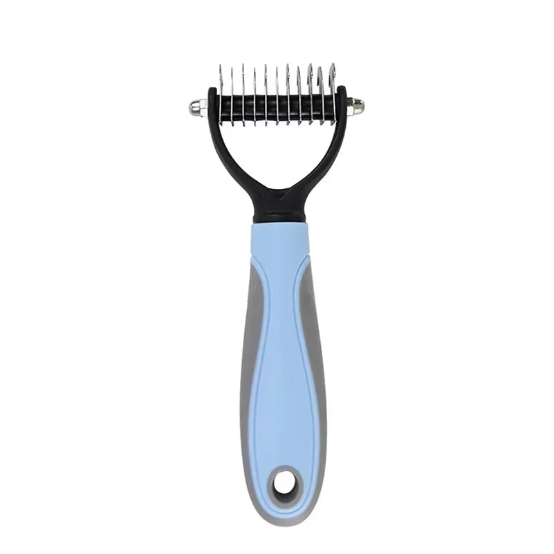 Ocean Sapphire blue double-sided stainless steel pet deshedding brush for dogs and cats.