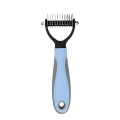 Ocean Sapphire blue double-sided stainless steel pet deshedding brush for dogs and cats.