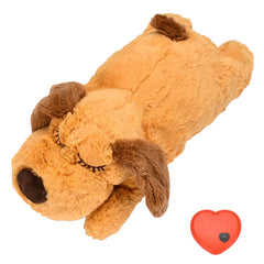 A golden honey-colored plush puppy toy designed for anxiety relief with a realistic heartbeat simulator to help pets sleep.