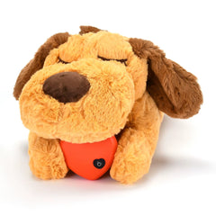 A golden honey-colored plush puppy toy designed for anxiety relief with a realistic heartbeat simulator to help pets sleep.