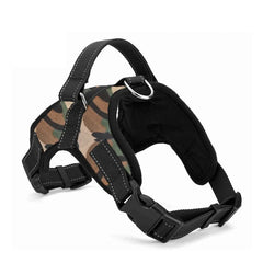 A tactical ranger green breathable nylon dog harness with quick-release buckles and adjustable straps for outdoor training.