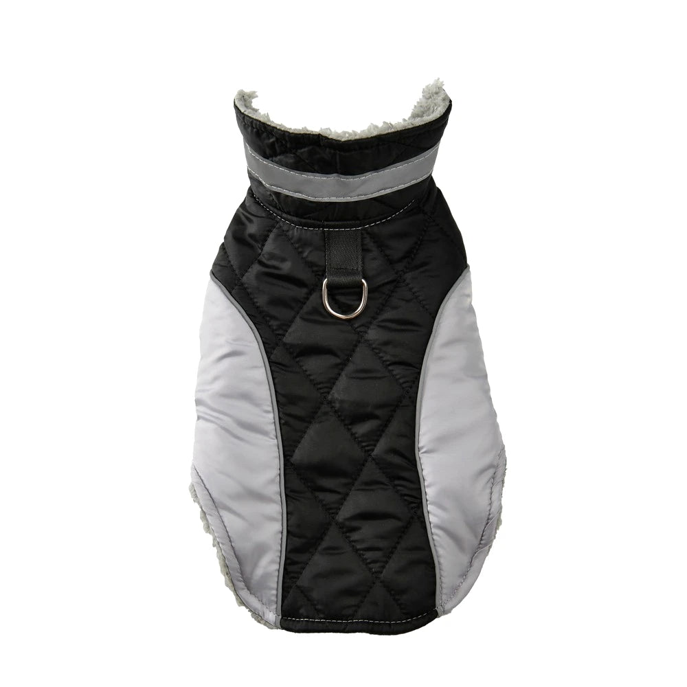 Onyx Black quilted waterproof dog vest with reflective neck strip and integrated leash D-ring
