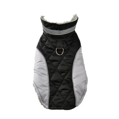 Onyx Black quilted waterproof dog vest with reflective neck strip and integrated leash D-ring