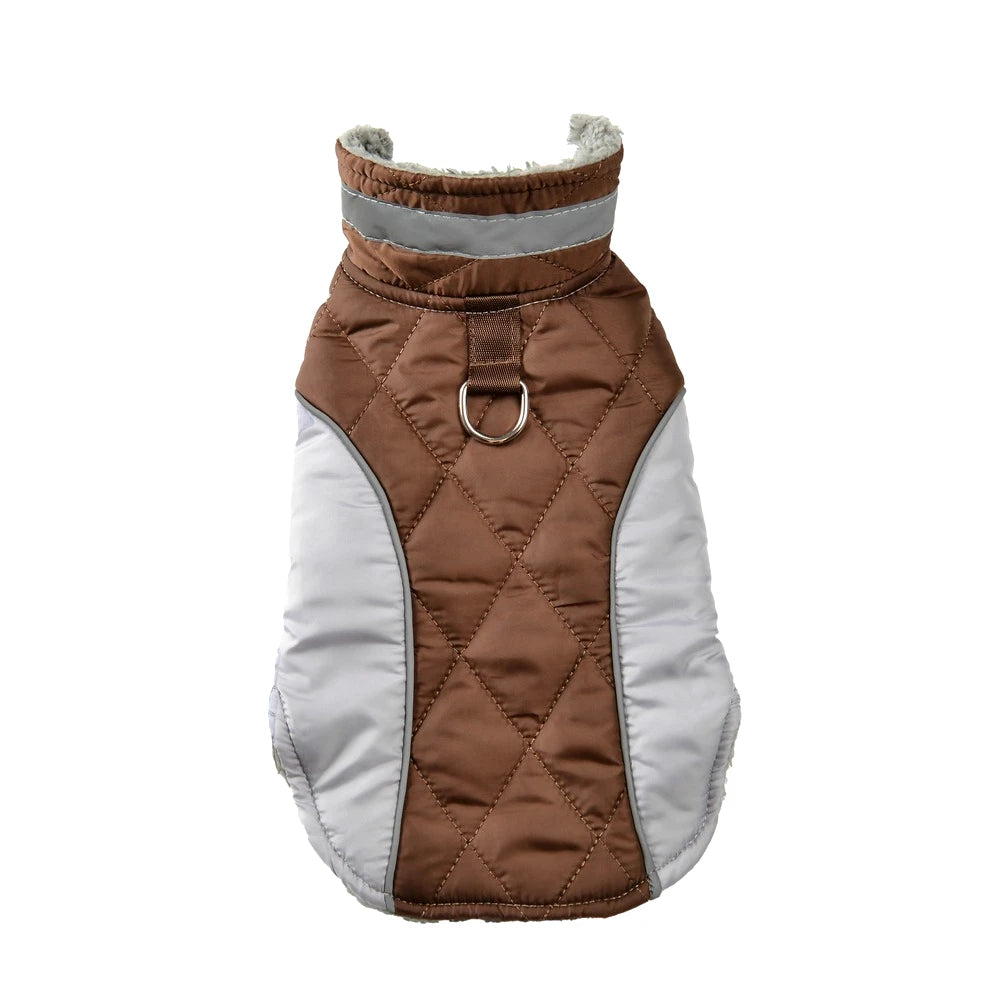 Coffee Brown winter dog jacket with warm fleece lining and reflective safety accents