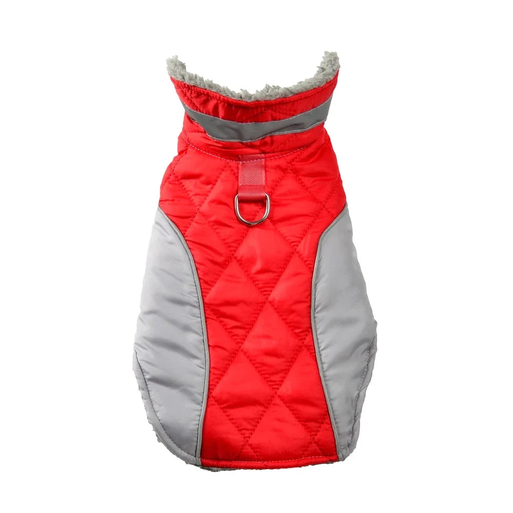 Crimson Red winter dog jacket with warm fleece lining and reflective safety accents