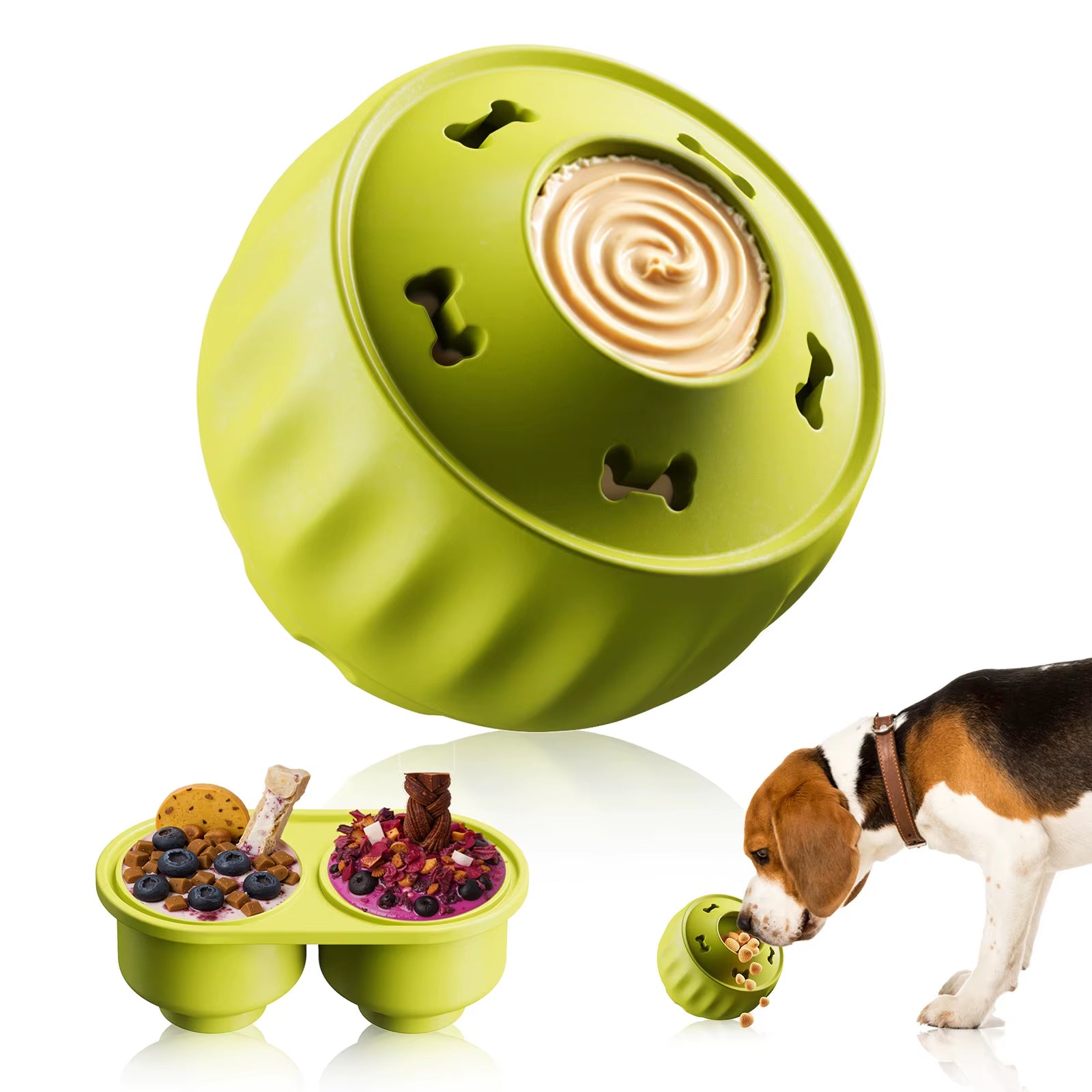 An arctic azure blue refillable rubber pupsicle enrichment toy unbolted in the middle displaying how homemade frozen treat pops insert inside.