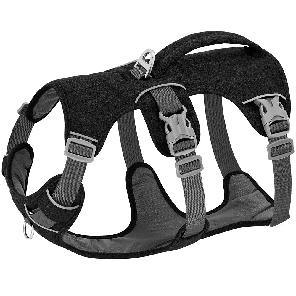 A black reflective dog harness featuring a reinforced lifting handle and padded chest for small to large breeds.