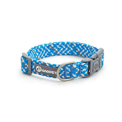 An Ocean Blue heavy-duty reflective nylon dog collar featuring dual strips of high-visibility safety stitching and a premium silver metal quick-release buckle.