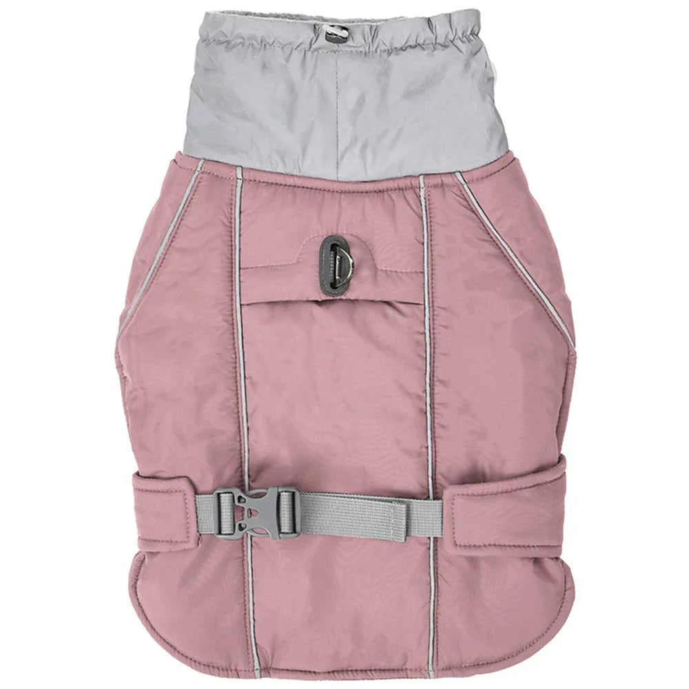 Blossom Frost pink thickened thermal pet coat for winter safety and warmth.