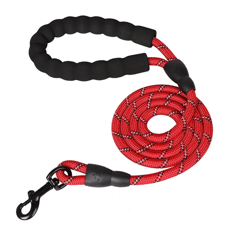 A crimson blaze red reinforced dog leash designed for big dog supplies highlighting its protective handle lining.