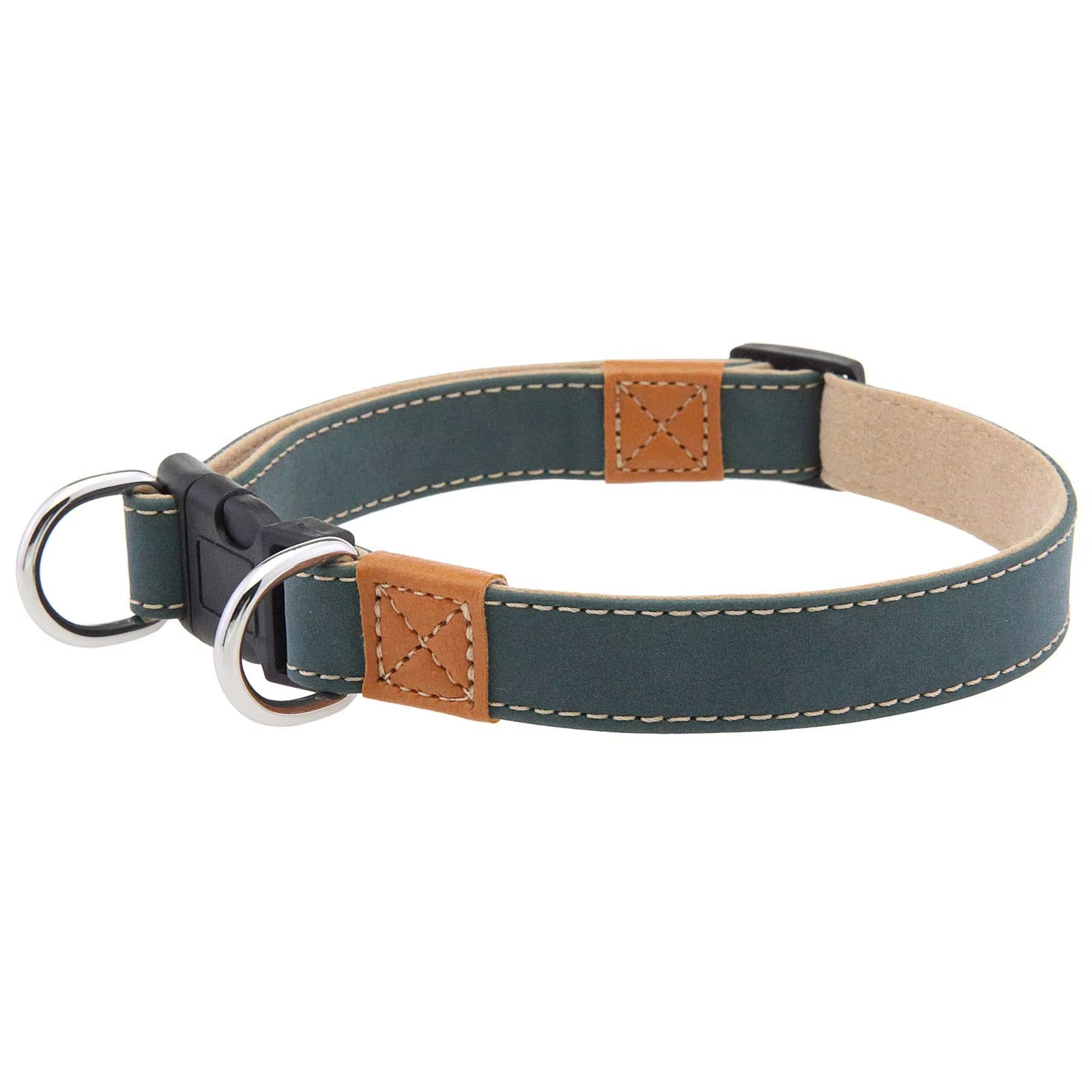 Blue‑green PU leather dog collar with tan accents, precision stitching, and double metal D‑rings for secure leash attachment.