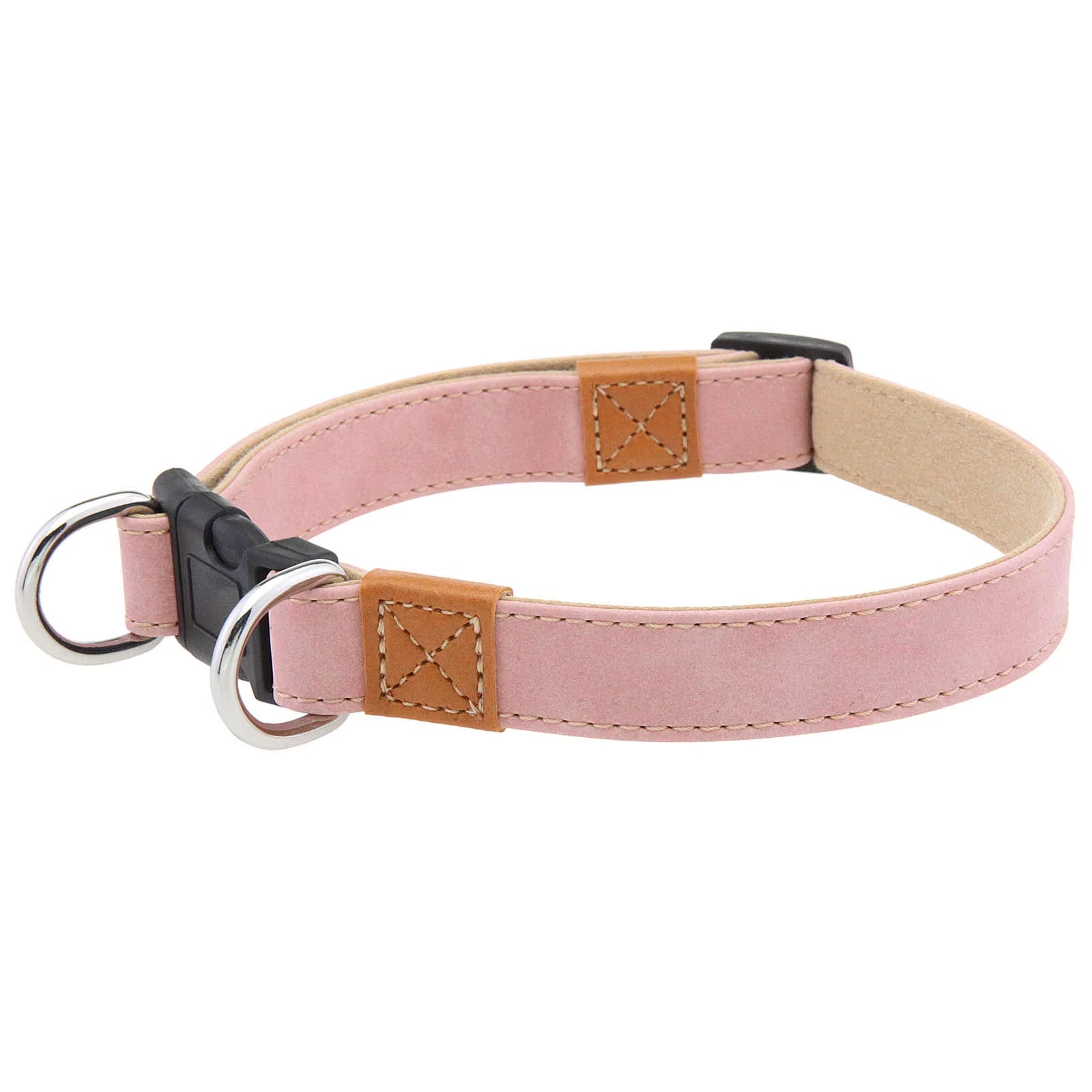Pink PU leather dog collar with tan stitching, double metal D‑rings, and black buckle for medium and large dogs.