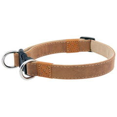 Tan PU leather dog collar with reinforced stitching, double metal D‑rings, and black buckle for strong dogs.