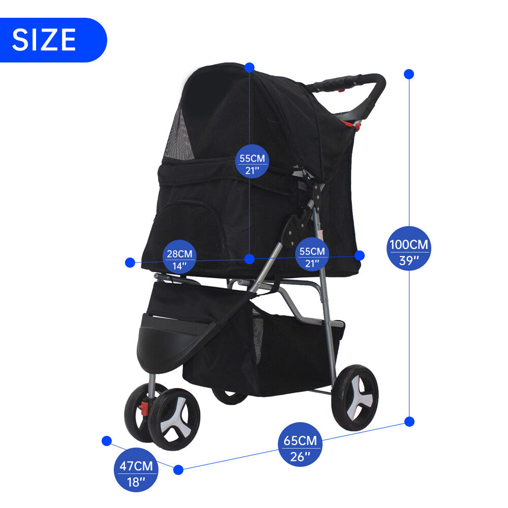 Foldable Pet Stroller Lightweight 3-Wheel Cat Dog Carrier Large Travel Friendly