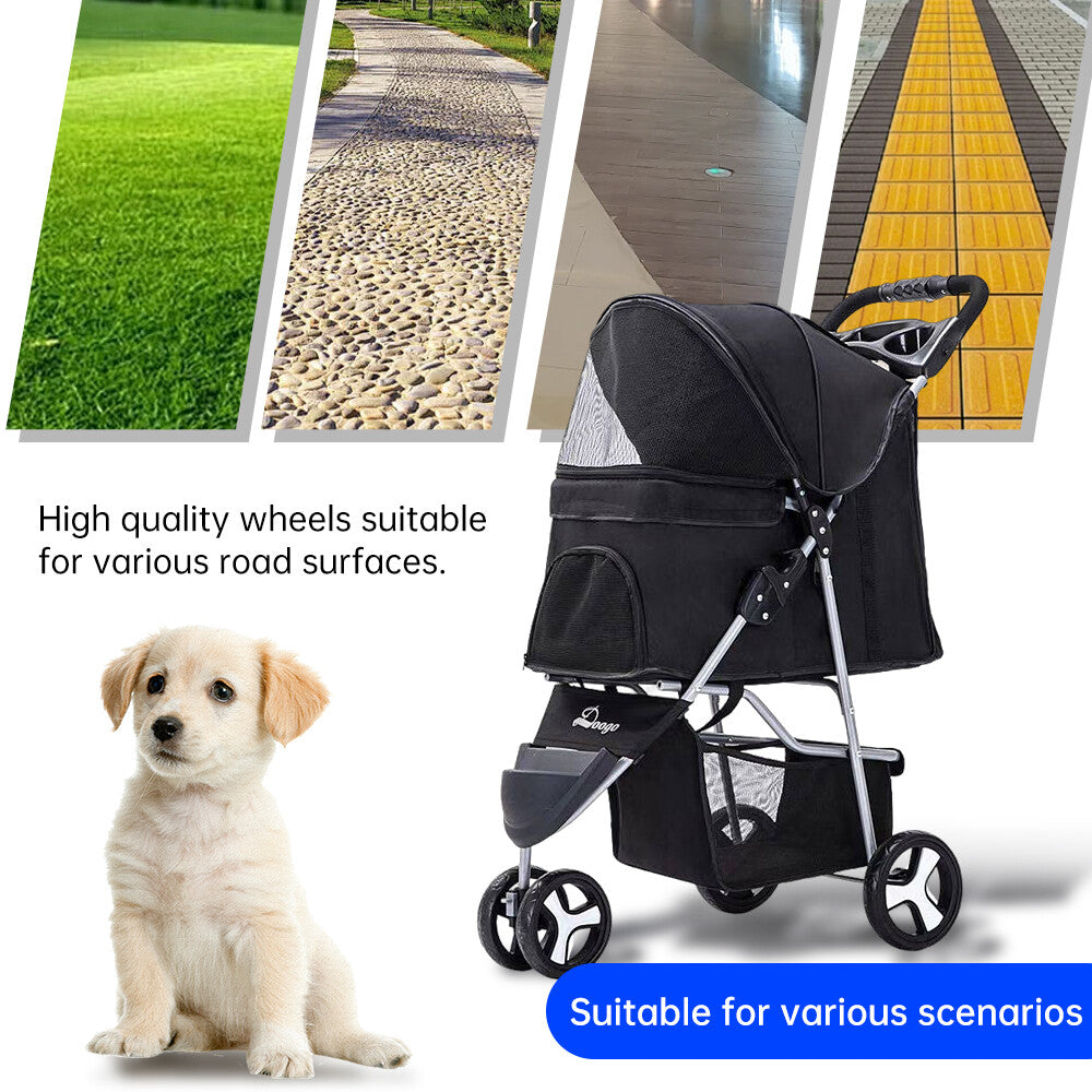 Foldable Pet Stroller Lightweight 3-Wheel Cat Dog Carrier Large Travel Friendly