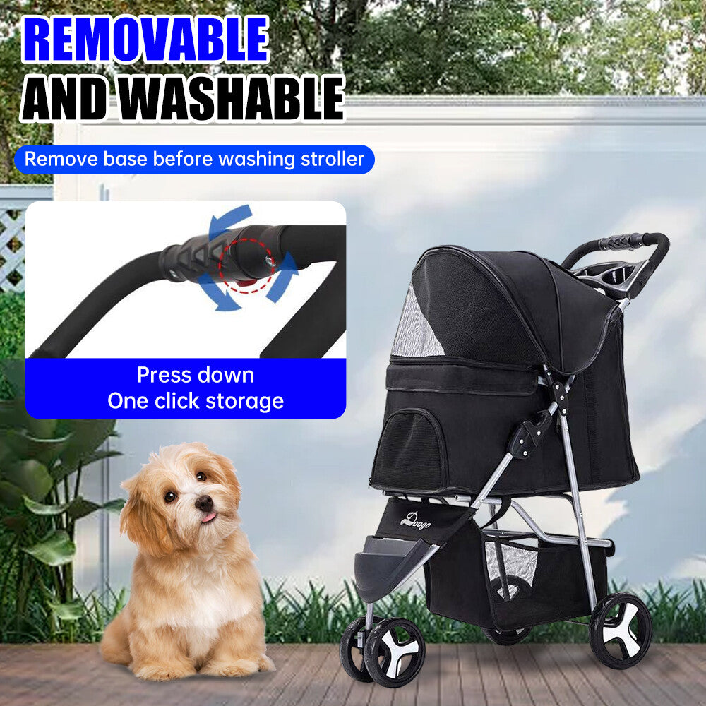 Foldable Pet Stroller Lightweight 3-Wheel Cat Dog Carrier Large Travel Friendly
