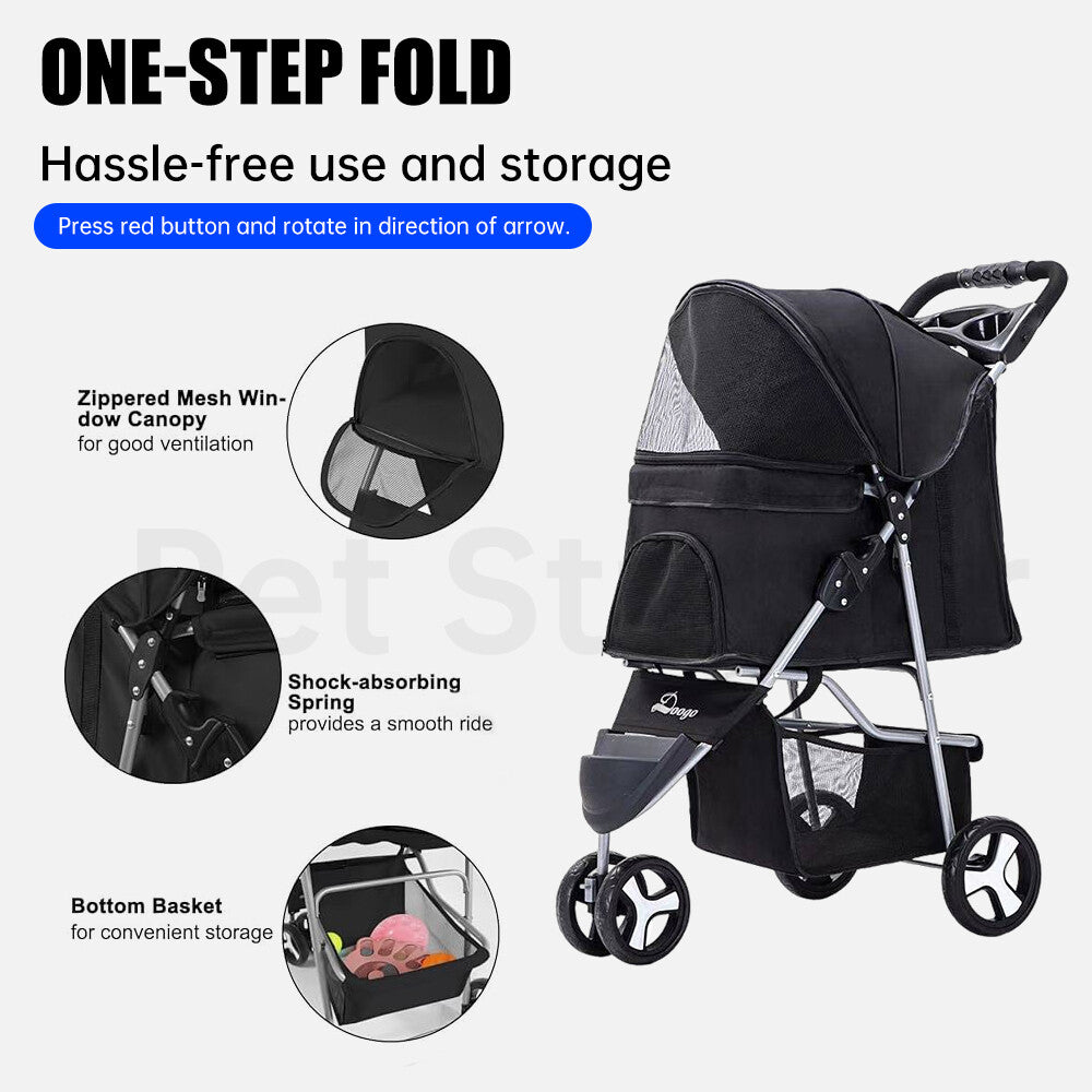 Foldable Pet Stroller Lightweight 3-Wheel Cat Dog Carrier Large Travel Friendly