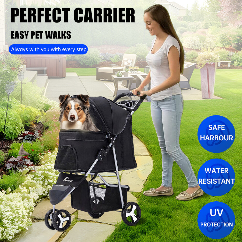 Foldable Pet Stroller Lightweight 3-Wheel Cat Dog Carrier Large Travel Friendly