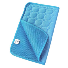 An arctic ice blue self-cooling pet mat showing its breathable ice silk surface layer optimized for cooling dogs and cats in summer.