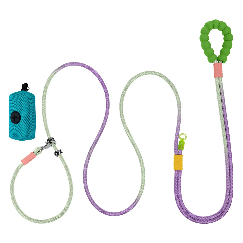 A dual-toned aurora green-purple shock-absorbing crossbody pet traction lead showcasing its flexible bungee buffer and integrated matching poop bag dispenser case.