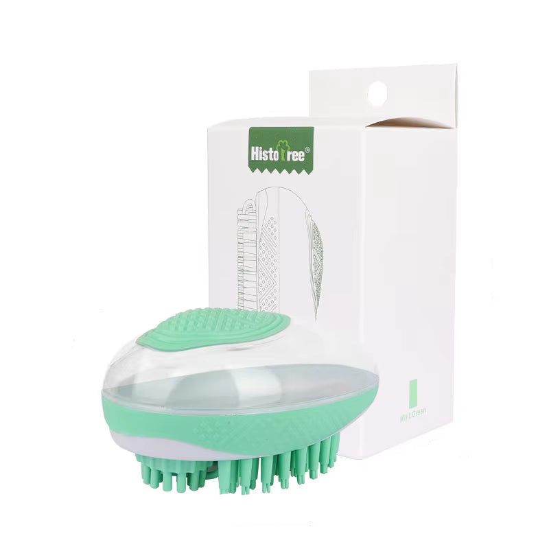 A glacier mint green silicone dog grooming scrubber and cat massage comb highlighting its ergonomic non-slip TPR grip handle structure.