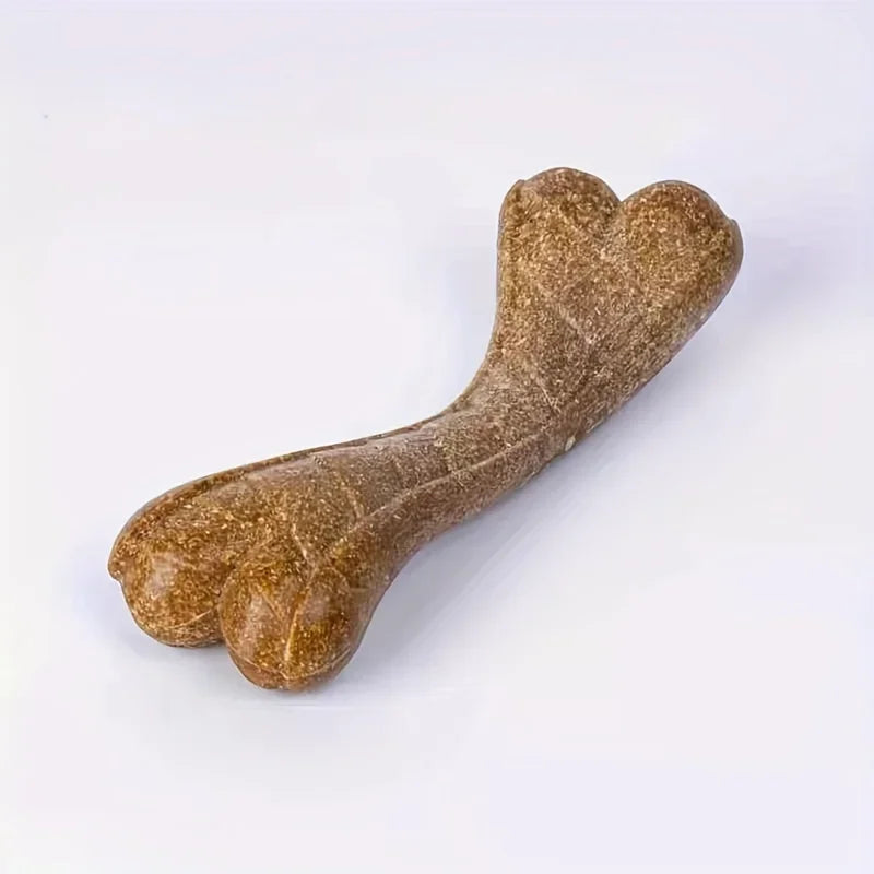 A medium-sized simulated wood powder dog bone toy displaying its unique S-shaped curved structure and rich twill surface texture for puppy dental care.