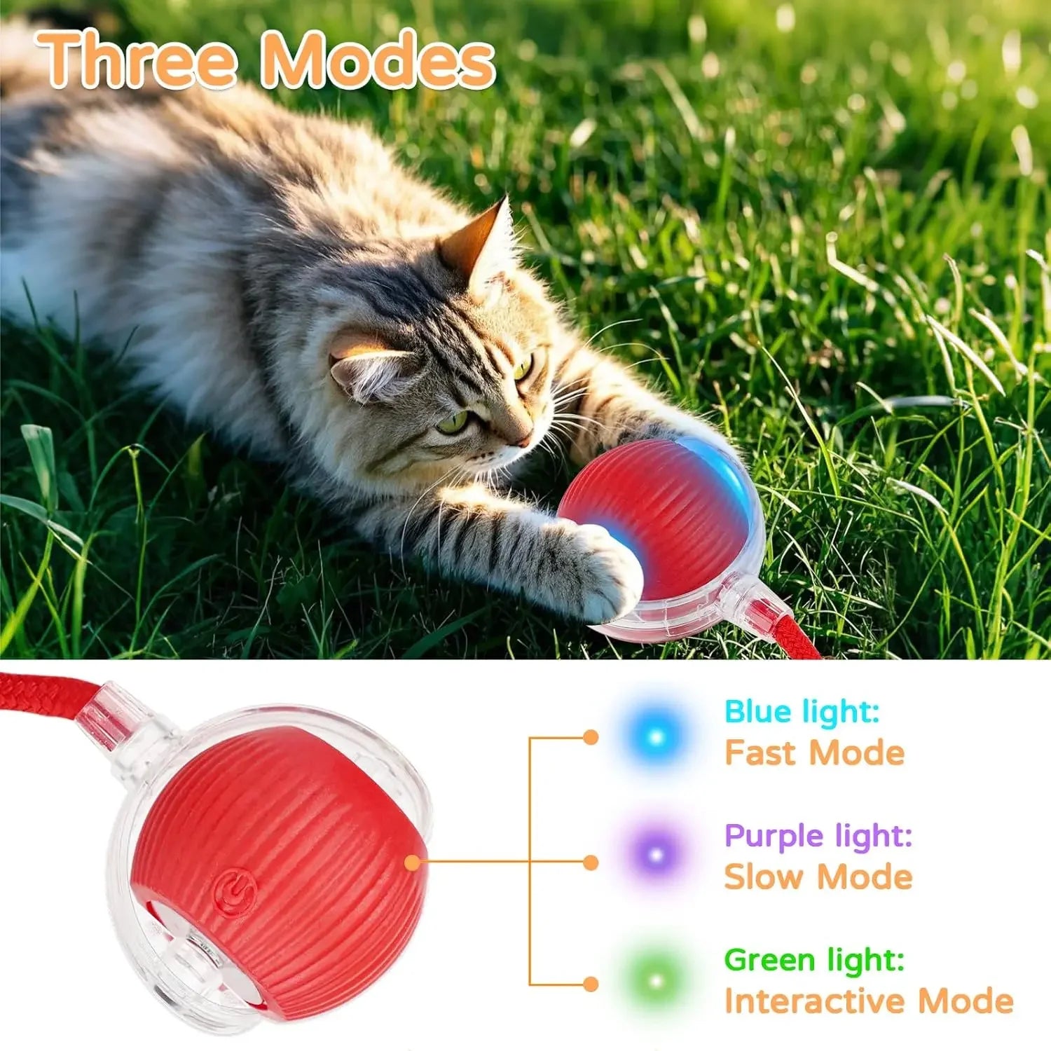 A red smart interactive tail ball rolling on the floor with its faux tail fluttering, enticing a pet.