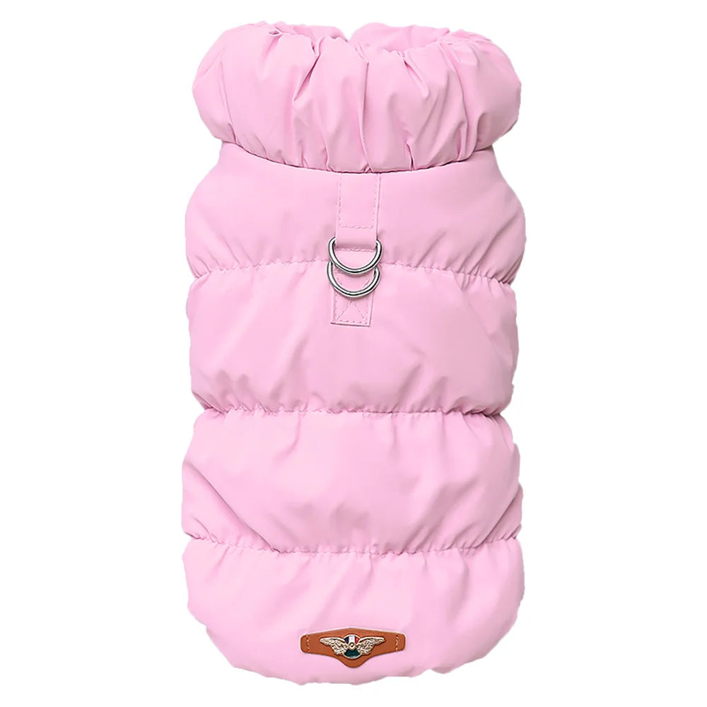 Pastel pink insulated dog jacket for winter featuring a warm high-collar design.