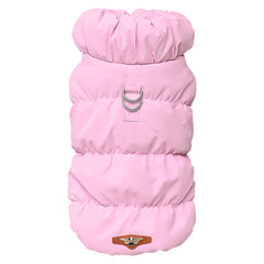 Pastel pink insulated dog jacket for winter featuring a warm high-collar design.